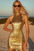 Load image into Gallery viewer, Queendancer Women Sparkly Golden Sequin Party Dress Bodycon Halter Short Cocktail Dress