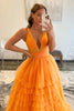 Load image into Gallery viewer, Orange Deep V-Neck Tiered Prom Dress