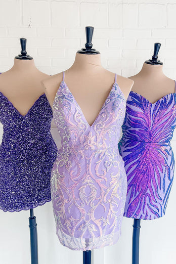 Purple Spaghetti Straps Bodycon Sequined Homecoming Dress