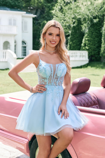 Sparkly Blue Spaghetti Straps Corset Homecoming Dress with Sequins