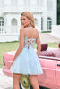 Load image into Gallery viewer, Sparkly Blue Spaghetti Straps Corset Homecoming Dress with Sequins