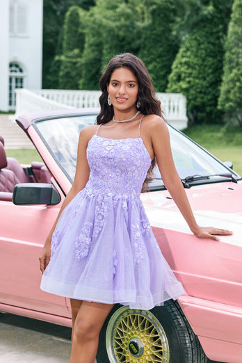 Lilac A-Line Spaghetti Straps Short Tulle Homecoming Dress