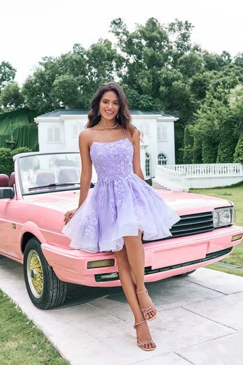 Lilac A-Line Spaghetti Straps Short Tulle Homecoming Dress