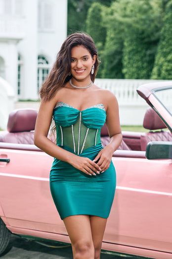 Dark Green Strapless Corset Short Homecoming Dress with Beading