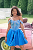 Load image into Gallery viewer, Sparkly Blue Off The Shoulder Tight Corset Homecoming Dress with Beading