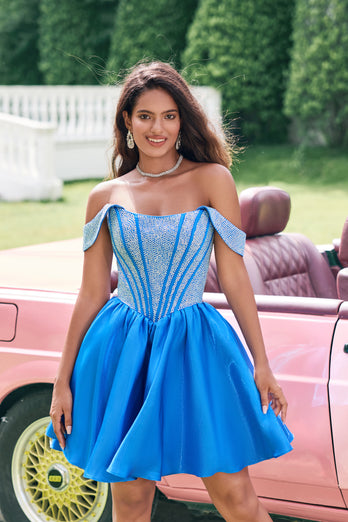 Sparkly Blue Off The Shoulder Tight Corset Homecoming Dress with Beading