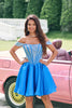 Load image into Gallery viewer, Sparkly Blue Off The Shoulder Tight Corset Homecoming Dress with Beading