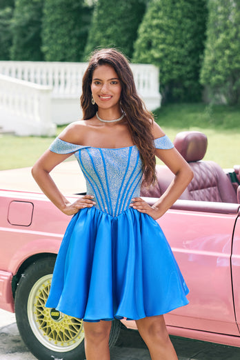 Sparkly Blue Off The Shoulder Tight Corset Homecoming Dress with Beading