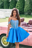 Load image into Gallery viewer, Sparkly Blue Off The Shoulder Tight Corset Homecoming Dress with Beading