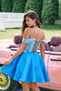 Load image into Gallery viewer, Sparkly Blue Off The Shoulder Tight Corset Homecoming Dress with Beading