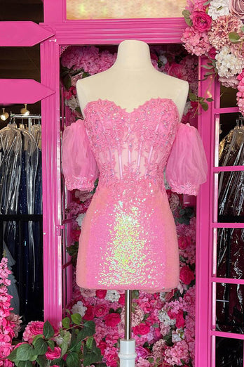 Sparkly Pink Sweetheart Corset Sequined Homecoming Dress with Lace