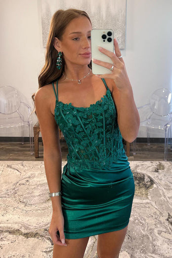 Glitter Dark Green Spaghetti Straps Corset Homecoming Dress with Lace