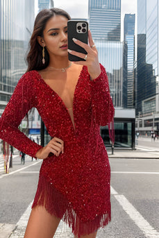 Sparkly Dark Red Sequined Long Sleeves Homecoming Dress with Fringes
