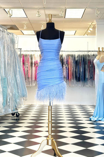 Glitter Light Blue Spaghetti Straps Bodycon Homecoming Dress with Feathers