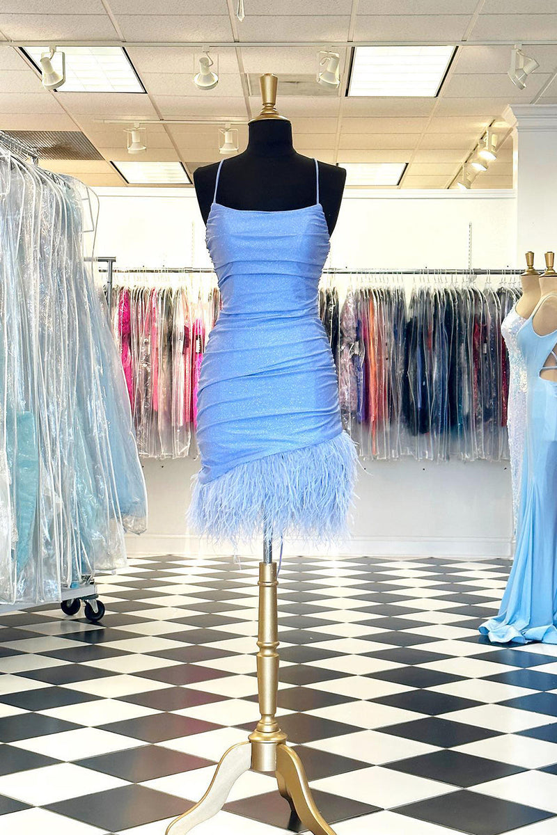 Load image into Gallery viewer, Glitter Light Blue Spaghetti Straps Bodycon Homecoming Dress with Feathers
