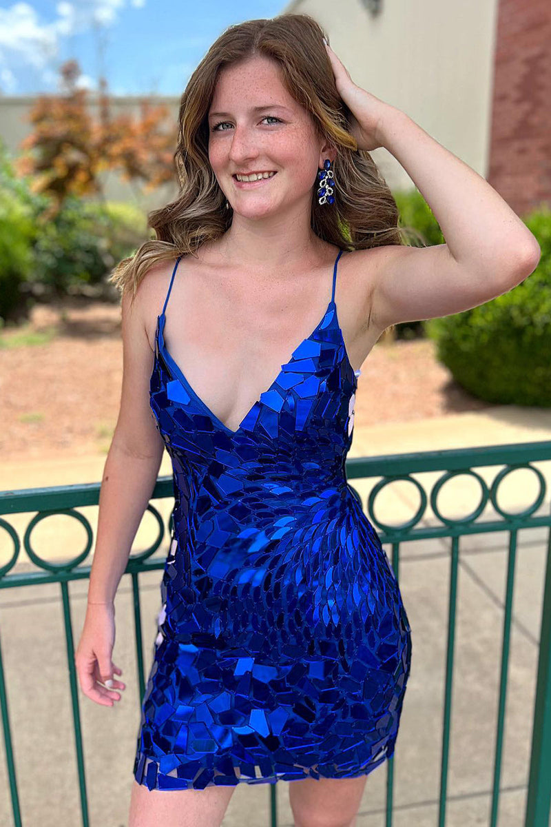 Load image into Gallery viewer, Sparkly Royal Blue Spaghetti Straps Homecoming Dress with Sequins