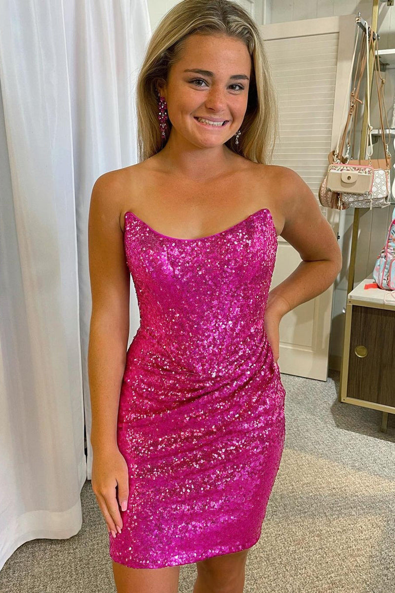 Load image into Gallery viewer, Fuchsia Off the Shoulder Tight Homecoming Dress with Sequins