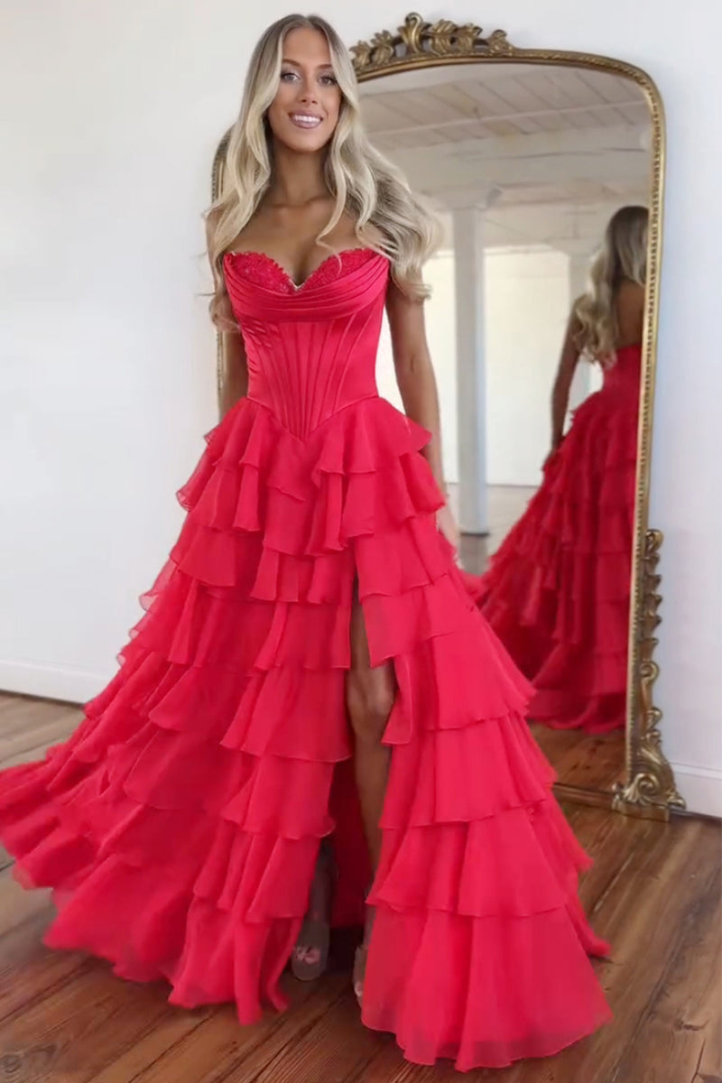 Load image into Gallery viewer, Red Strapless Corset Tiered Chiffon Long Prom Dress with Slit