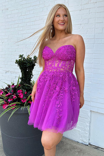 Sparkly A-Line Fuchsia Sweetheart Corset Homecoming Dress with Lace