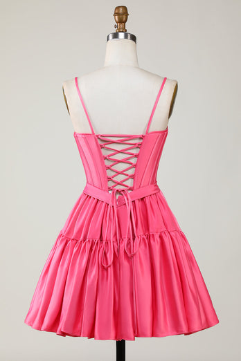 A-Line Fuchsia Spaghetti Straps Homecoming Dress with Criss Cross Back