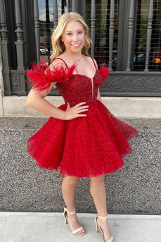 Glitter Red A-Line Sequined Homecoming Dress with Feathers