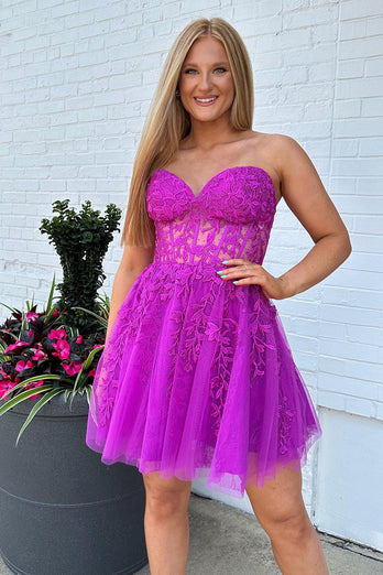 Sparkly A-Line Fuchsia Sweetheart Corset Homecoming Dress with Lace