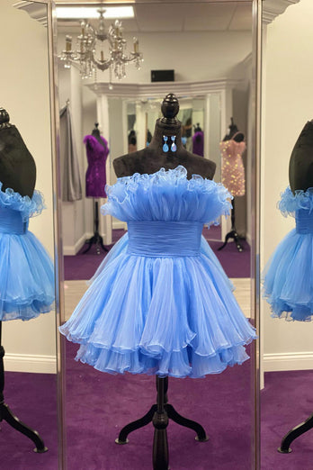 Blue A-Line Strapless Tulle Homecoming Dress with Ruffles