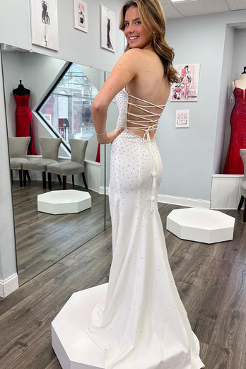 White Mermaid Sweetheart Long Prom Dress With Slit