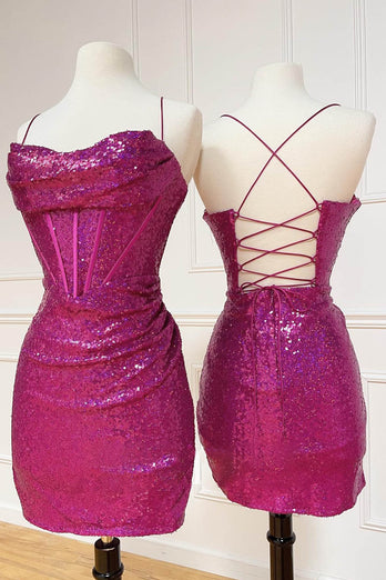 Sparkly Fuchsia Spaghetti Straps Corset Homecoming Dress with Sequins