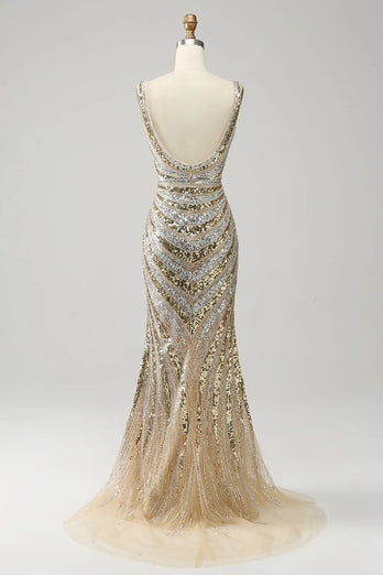 Sparkly Golden V-Neck Beaded Sequins Long Prom Dress with Slit