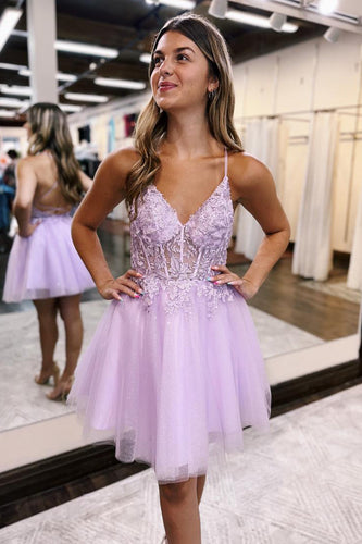 Glitter Lilac A-Line Spaghetti Straps Corset Homecoming Dress with Lace