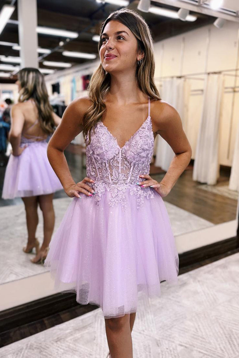 Load image into Gallery viewer, Glitter Lilac A-Line Spaghetti Straps Corset Homecoming Dress with Lace