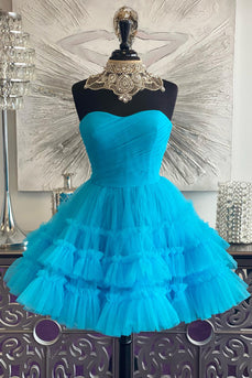 Blue A-Line Sweetheart Tulle Tiered Corset Short Homecoming Dress