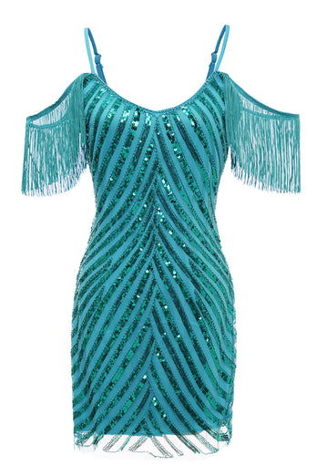 Peacock Green Tight Sequins Cocktail Dress with Fringes