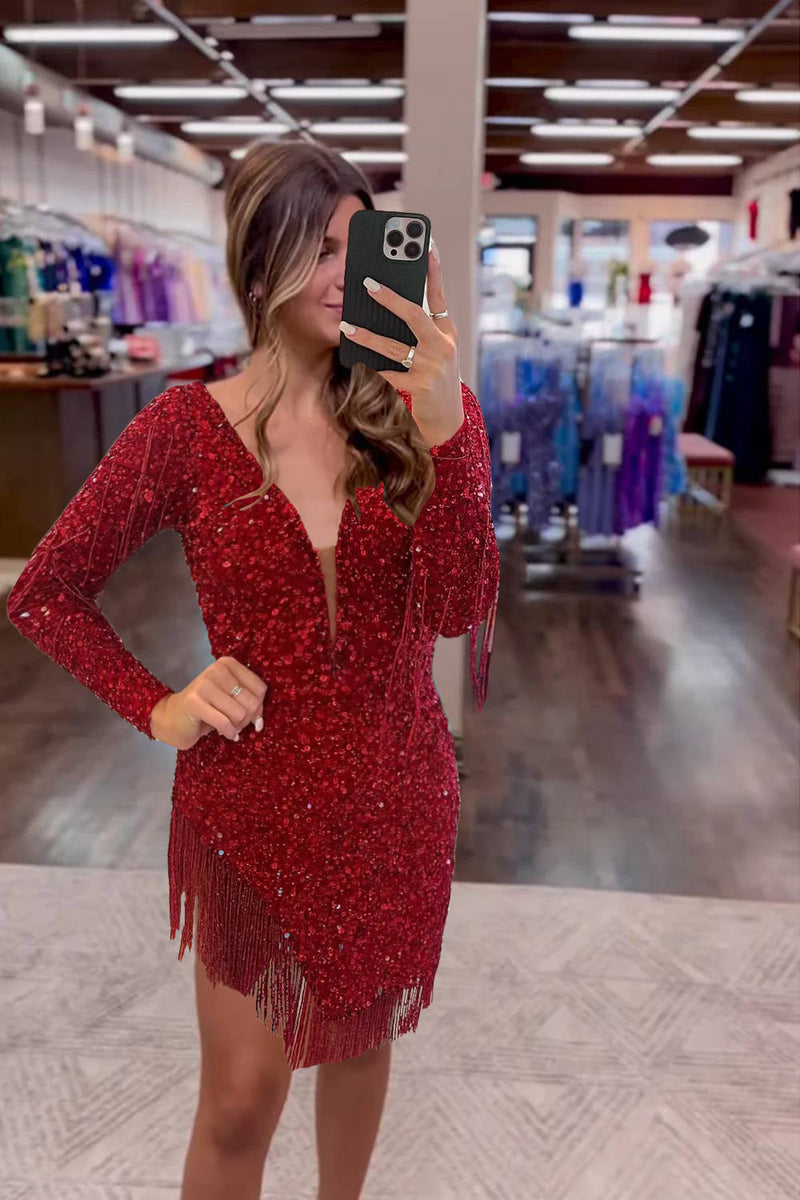 Load image into Gallery viewer, Sparkly Dark Red Sequined Long Sleeves Homecoming Dress with Fringes