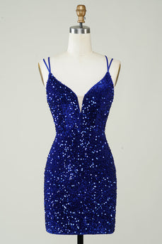 Royal Blue V-Neck Sequined Homecoming Dress with Criss Cross Back