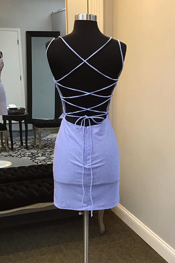 Glitter Blue Spaghetti Straps Bodycon Corset Homecoming Dress with Beading