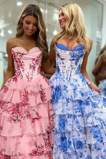 Blush A Line Sweetheart Corset Tiered Long Prom Dress with Printed Flower