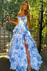 Load image into Gallery viewer, Blush A Line Sweetheart Corset Tiered Long Prom Dress with Printed Flower