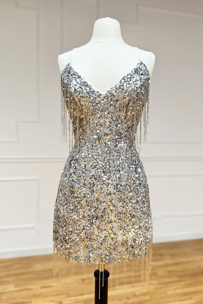 Load image into Gallery viewer, Sparkly Silver Spaghetti Straps Sequined Bodycon Homecoming Dress