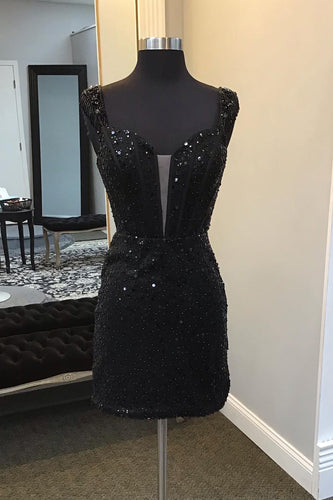 Sparkly Black Off The Shoulder Sequined Homecoming Dress with Fringen