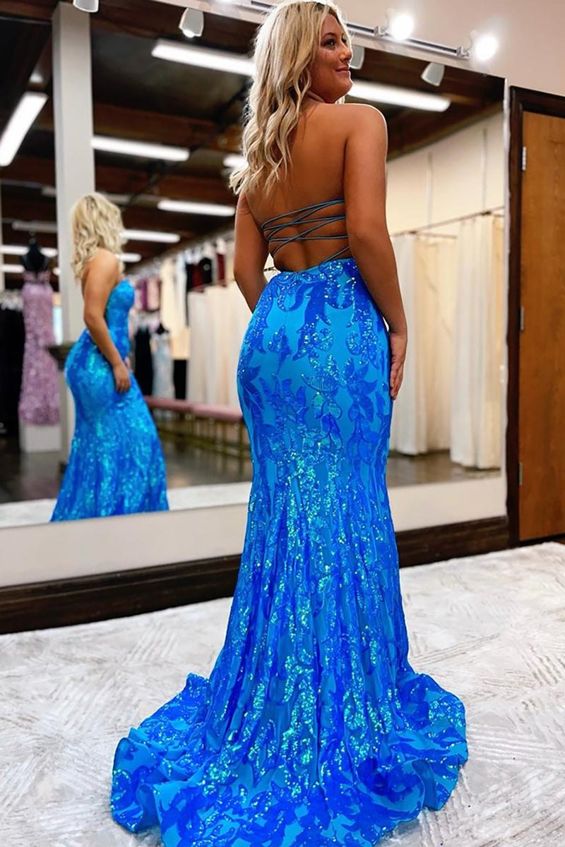 Load image into Gallery viewer, Blue Strapless Sparkly Mermaid Long Prom Dress