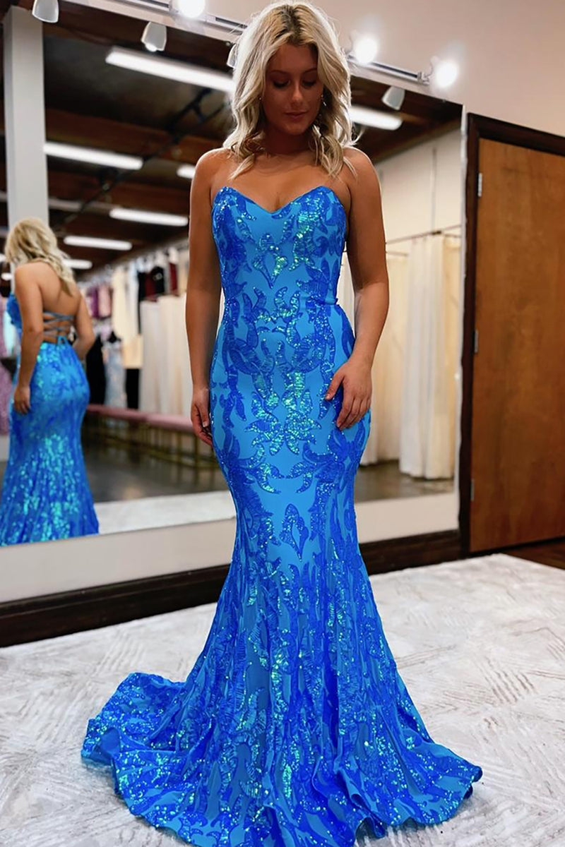 Load image into Gallery viewer, Blue Strapless Sparkly Mermaid Long Prom Dress