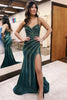 Load image into Gallery viewer, Dark Green Spaghetti Straps Sparkly Long Prom Dress with Slit