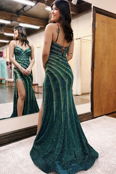 Dark Green Spaghetti Straps Sparkly Long Prom Dress with Slit