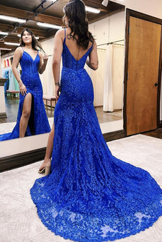 Royal Blue Spaghetti Straps Corset Long Prom Dress with Lace Appliques