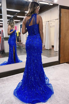 Royal Blue One Shoulder Corset Sparkly Long Prom Dress with Slit