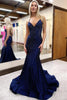 Load image into Gallery viewer, Navy Spaghetti Straps Sparkly Mermaid Long Prom Dress with Beading