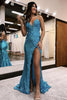 Load image into Gallery viewer, Turquoise Spaghetti Straps Sparkly Long Prom Dress with Slit