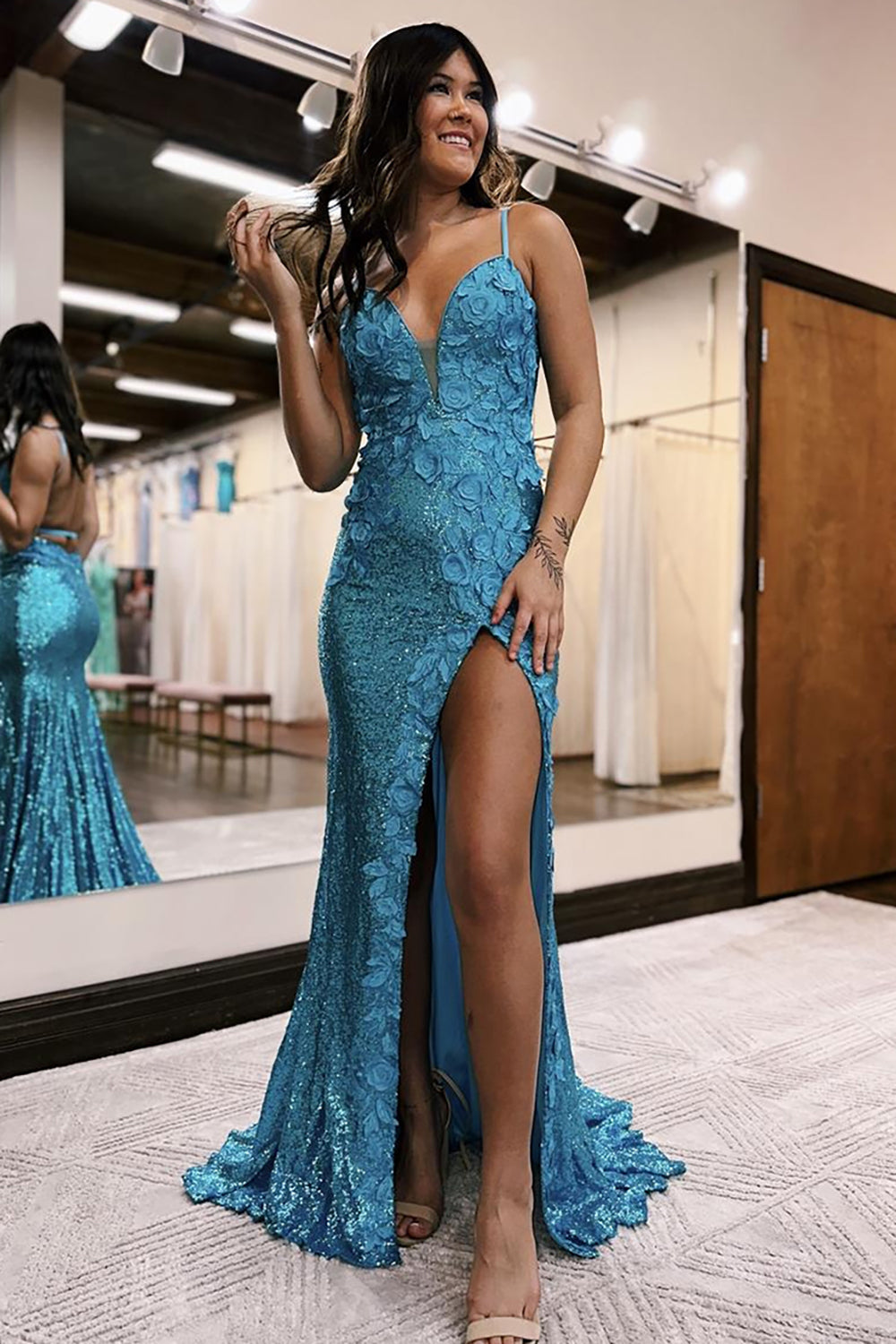 Turquoise Spaghetti Straps Sparkly Long Prom Dress with Slit